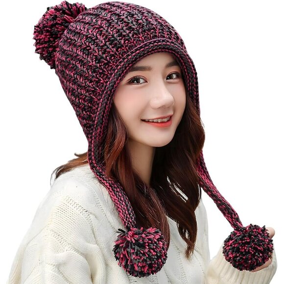 Women Rose Red Winter Peruvian Cover Ears Beanie Hat Ear Flaps Sherpa Ski Snow main image 9